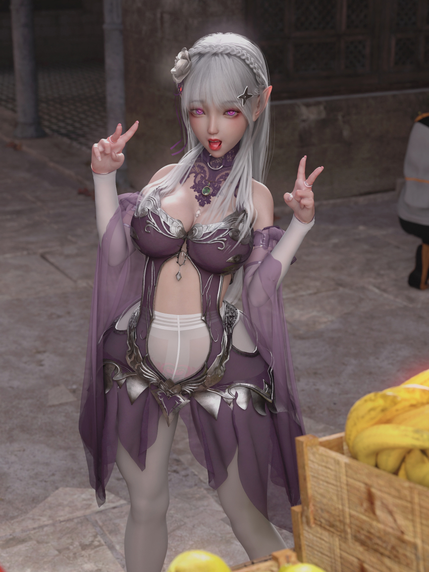 3d absurdres artist_request bare_shoulders breasts cleavage double_v emilia_(re:zero) female_only femsub honey_select_2 huge_breasts long_hair navel open_mouth pantyhose piercing pink_eyes posing re:zero_starting_life_in_another_world red_lipstick skirt solo thick_thighs tongue tongue_out v white_hair