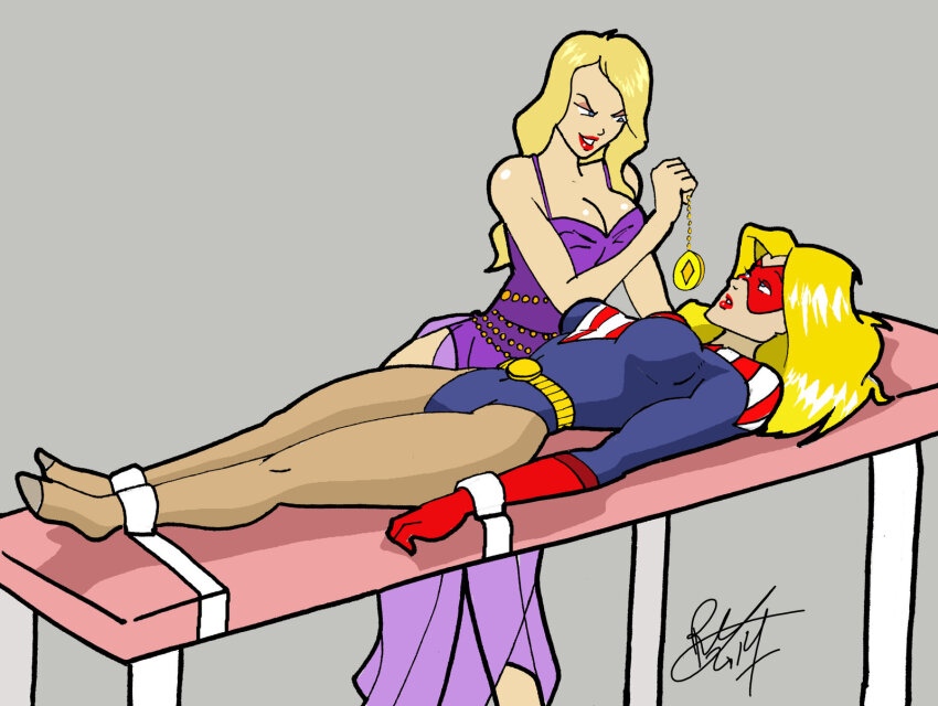 bed blonde_hair bondage breasts empty_eyes female_only femdom femsub inspector97 large_breasts leotard long_hair miss_america_(mad-man-with-a-pen) multiple_girls original pendulum sketch sophia_roux_(mad-man-with-a-pen) super_hero traditional