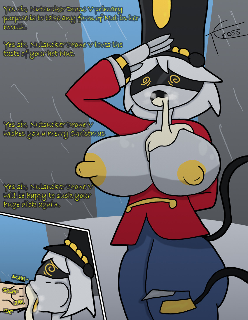 alternate_costume blowjob_face breasts christmas cum cum_in_mouth cum_on_breasts fellatio femsub huge_breasts murder_drones nutcracker open_clothes robot robot_girl saluting serial_designation_v spiral_eyes standing_at_attention tcross text topless white_hair