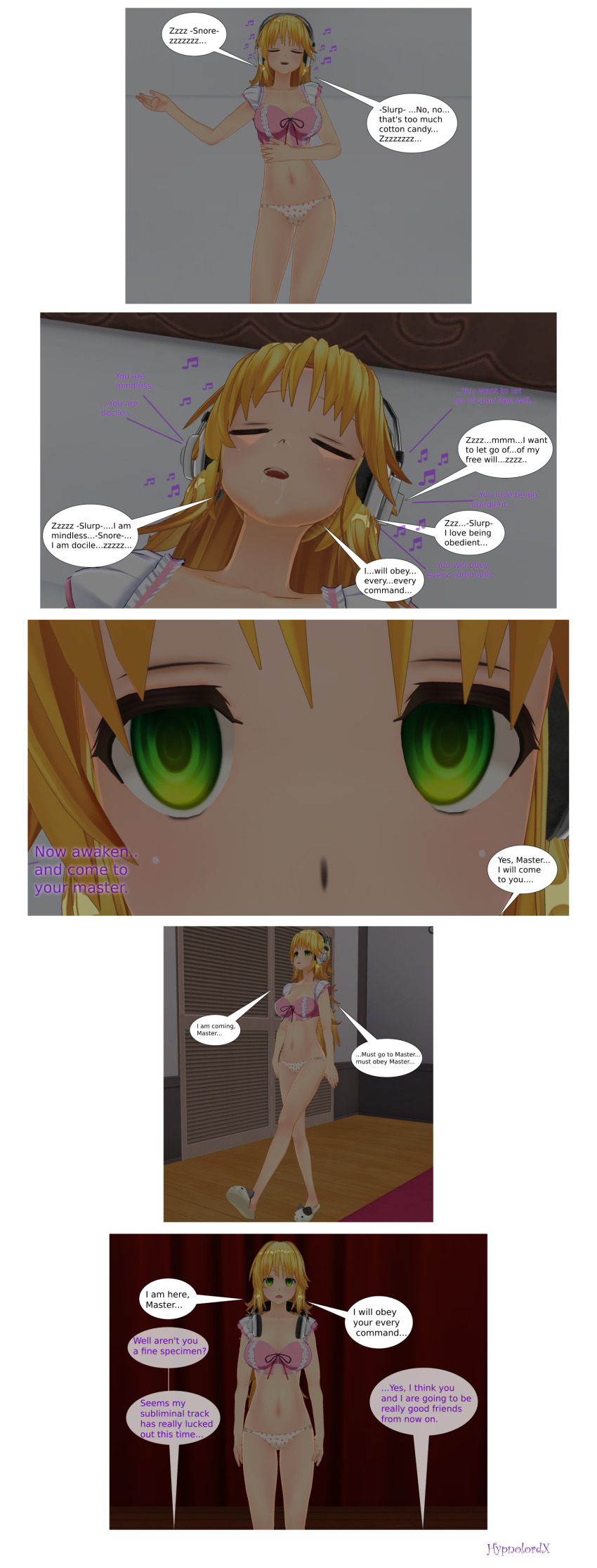 3d absurdres blonde_hair breasts cat_nap_(hypnolordx) cleavage comic custom_maid_3d_2 dazed dialogue drool empty_eyes expressionless female_only femsub green_eyes headphones hypnolordx hypnotic_audio hypnotic_music hypnotized_walking large_breasts long_hair open_mouth original pajamas panties sleeping snoring standing standing_at_attention text underwear