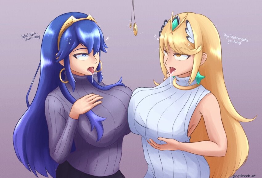 absurdres bangs blonde_hair blue_eyes blue_hair breast_grab breast_press breasts clothed coin crown dialogue drool earrings eye_roll eyebrows_visible_through_hair female_only femsub fire_emblem fire_emblem_awakening hair_ornament holding_breasts large_breasts long_hair lucina multiple_girls multiple_subs mythra_(xenoblade) nettleseeds nintendo open_mouth pendulum princess signature simple_background sweater symmetrical_docking tank_top text tongue tongue_out xenoblade_chronicles xenoblade_chronicles_2 yellow_eyes