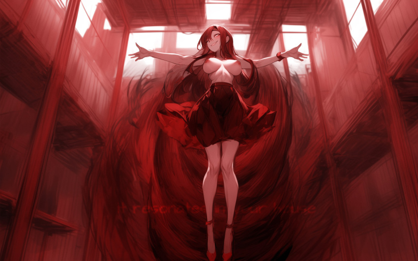 ai_art bare_breasts breasts control english_text evil_smile femsub floating high_heels hypnosisisgreat_(manipper) large_breasts laughing long_hair monochrome nipples petite red_background skirt smile stable_diffusion_(ai) text