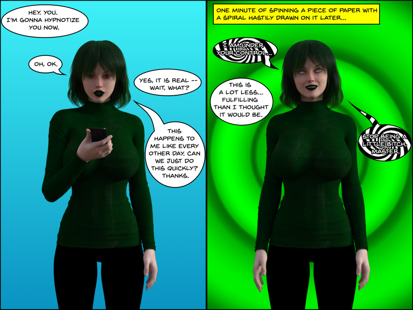 3d absurdres aware cell_phone clothed comic dialogue female_only femsub green_eyes green_hair green_lipstick heavy_eyelids humor hypnotic_screen kathy_(theheckle) lipstick makeup original smile speech_bubble spiral spiral_background spiralwash_eyes standing sweater text theheckle