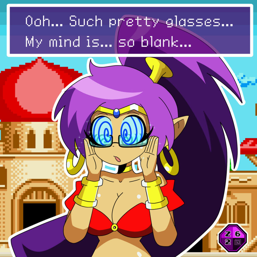 arm_bands bare_shoulders blue_eyes blue_sclera breasts choker cleavage clothed dancer dark_skin elf_ears female_only femsub glasses hair_ornament hypnotic_accessory jewelry large_breasts long_hair midriff navel o-ring open_mouth ponytail purple_hair shantae shantae_(series) signature solo sparkle spiralwash_eyes text zombi62