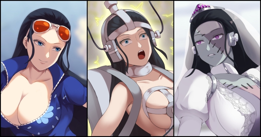 black_hair blue_eyes breasts bridal_veil cables cleavage corruption crown female_only femsub halloween haryudanto helmet jewelry large_breasts nico_robin one_piece open_mouth purple_eyes restrained sequence shrunken_irises stitches sunglasses surprised tagme tech_control wedding_dress zombie