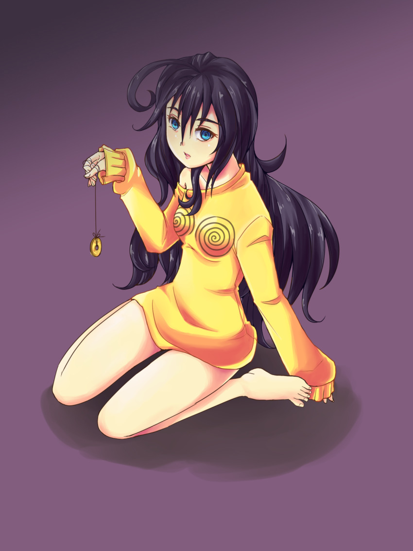 ahoge bare_legs barefoot black_hair breasts coin expressionless feet femsub hypno-tan kneeling large_breasts legs long_hair nell-chrome original pendulum self_hypnosis small_breasts spiral_eyes symbol_in_eyes