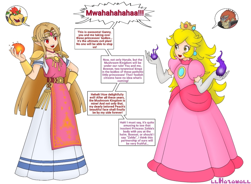 bowser bracers brown_eyes circlet clothed collarbone comic corruption crown dialogue dress evil_smile femsub flame ganondorf gloves hand_on_hip hazama magic maledom multiple_boys multiple_doms multiple_girls nintendo opera_gloves possession princess princess_peach princess_zelda red_eyes simple_background speech_bubble super_mario_bros. text the_legend_of_zelda white_background