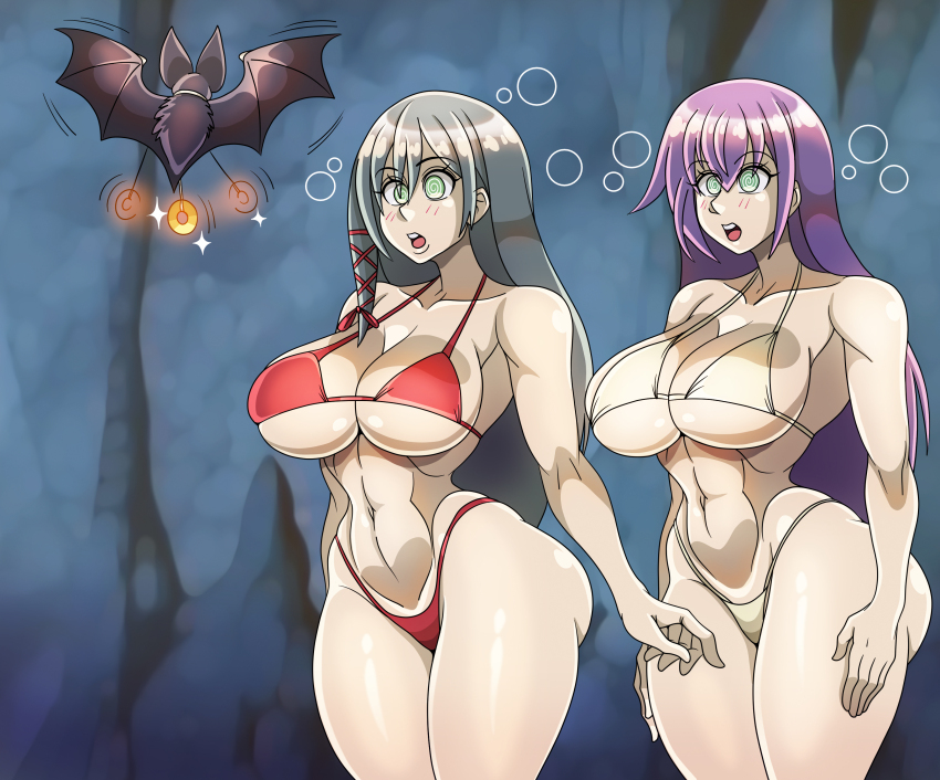 absurdres bare_legs bat bikini bubble cleavage collarbone expressionless female_only femsub glowing green_eyes grey_hair hourglass_figure huge_ass huge_breasts large_hips multiple_girls multiple_subs my_tiny_senpai navel open_mouth pendulum purple_hair spiral_eyes standing standing_at_attention symbol_in_eyes tying_the_knot_with_an_amagami_sister very_long_hair yae_amagami yutaka_shinozaki zorro-zero