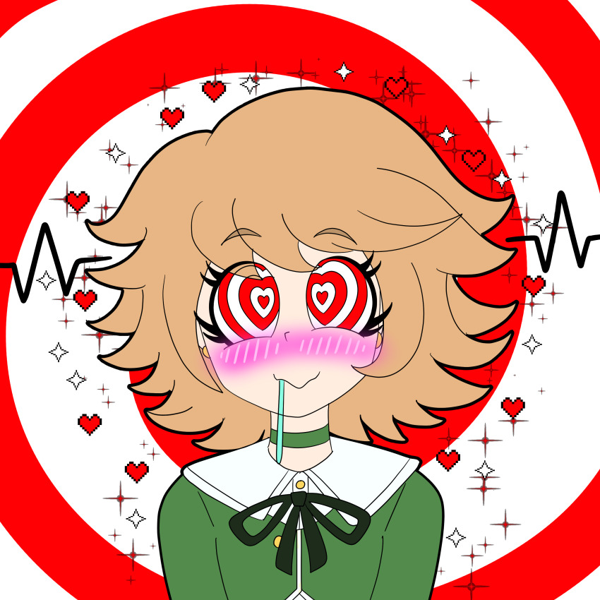 absurdres androgynous androgynous_sub blush brown_hair chihiro_fujisaki choker clothed dangan_ronpa drool femboy happy_trance heart heart_eyes malesub ribbon ring_eyes simple_background spiral_background symbol_in_eyes zmt62 zombietwink62