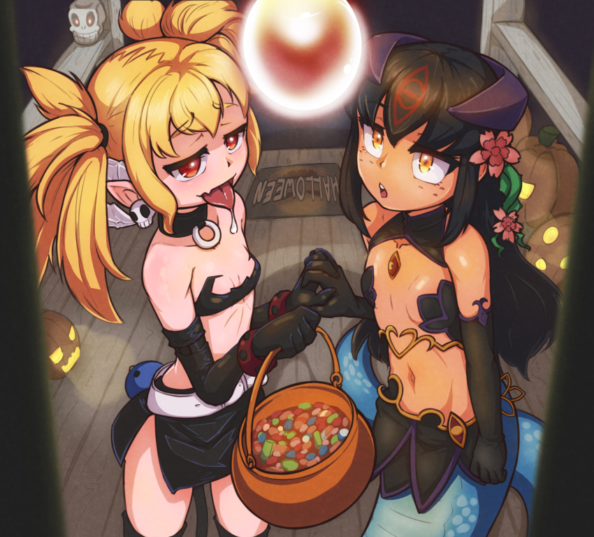 alice_(monster_girl_quest) black_hair blonde_hair candy cosplay dark_skin disgaea drool etna femsub halloween holding_hands hypnotic_light loli long_hair monster_girl_quest multiple_girls multiple_subs naga_girl navel red_eyes tagme thekinkyfinn tongue_out yellow_eyes