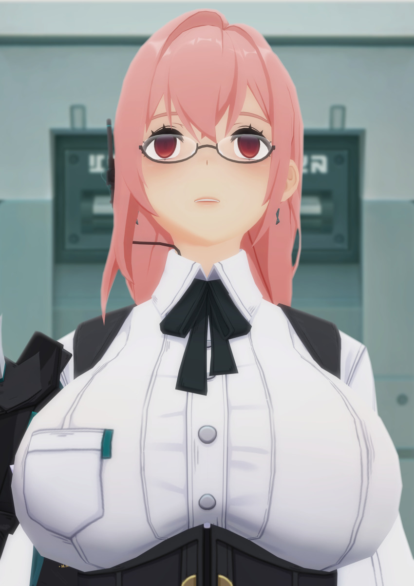 3d breasts clothed empty_eyes expressionless femsub glasses large_breasts long_hair open_mouth pink_hair red_eyes shazra tagme tsukishiro_yanagi zenless_zone_zero