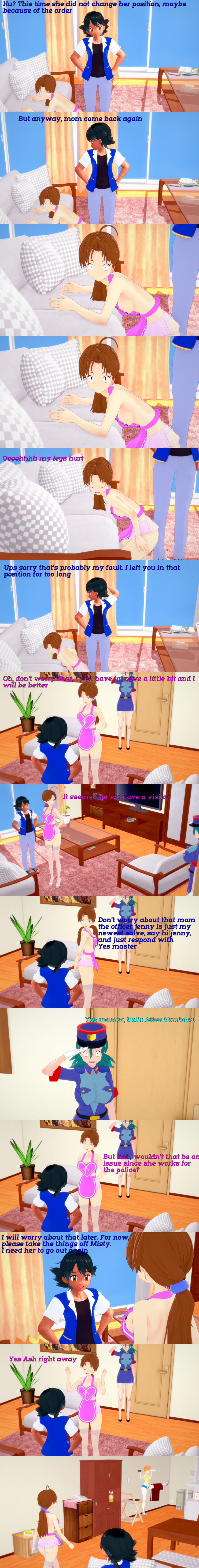 absurdres altered_common_sense ash_ketchum black_hair brown_eyes closed_eyes clothed delia_ketchum dialogue english_text femsub gloves green_hair horokeu human_furniture maledom milf misty mother_and_son multiple_girls multiple_subs naked_apron nintendo officer_jenny orange_hair pokemon pokemon_(anime) saluting short_hair shrunken_irises standing_at_attention text