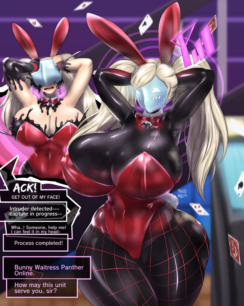 absurdres ann_takamaki armpits arms_above_head before_and_after black_skin blonde_hair bow_tie breasts bunny_ears bunnysuit cleavage control_indicator cuffs dialogue enemy_conversion female_only femsub fishnets gameplay_mechanics hand_on_head hourglass_figure huge_breasts light_skin long_hair mahoumonsterart mask open_mouth pantyhose persona_(series) persona_5 posing resisting shadow_bunny slime speech_bubble spiral standing text thick_thighs twintails