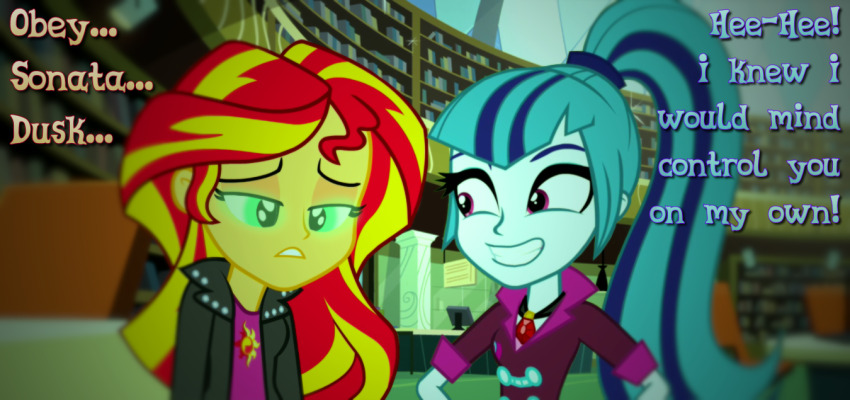 blonde_hair blue_hair dazed equestria_girls female_only femdom femsub glowing glowing_eyes green_eyes jacket manip multicolored_hair my_little_pony necklace personification ponytail red_hair smile snakeythingy sonata_dusk sunset_shimmer text