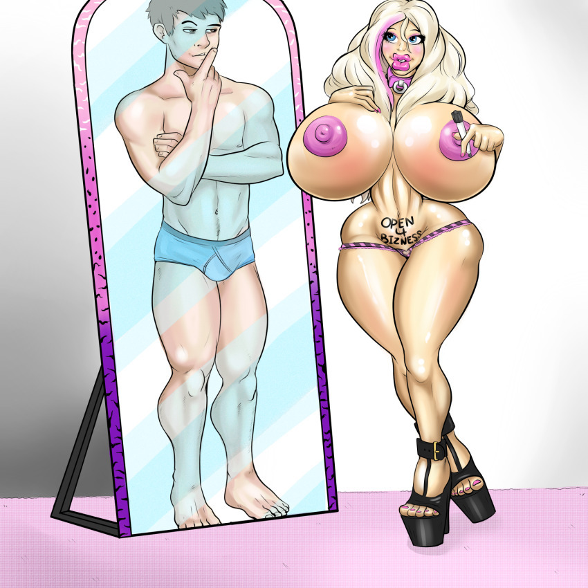 bimbofication blonde_hair blue_eyes body_writing breasts collar femsub happy_trance high_heels large_breasts large_lips mirror multicolored_hair pink_hair sketch text topless traditional transformation transgender