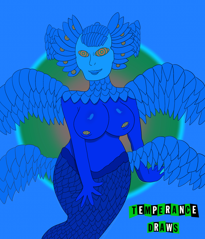 blue_hair blue_skin breasts female_only femsub guillermo_del_toro's_pinocchio large_breasts looking_at_viewer monster_girl multiple_eyes ring_eyes short_hair smile tail temperancedraws topless wings wood_sprite