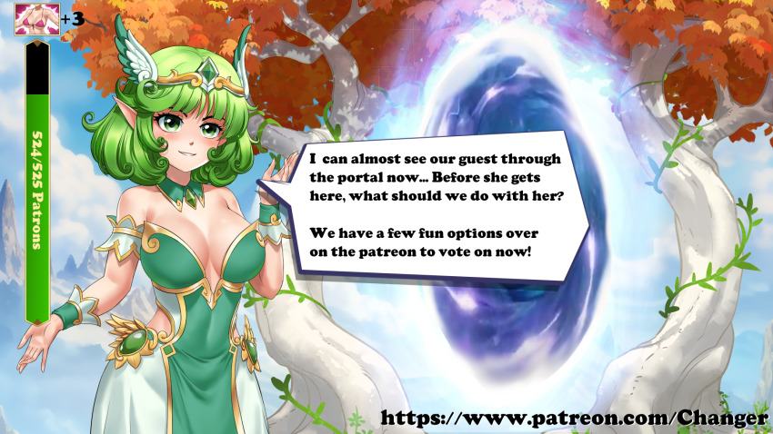 advertisement bare_shoulders breasts chien_vietnam elf_ears female_only green_eyes green_hair helen_(spiral_clicker) large_breasts looking_at_viewer spiral_clicker text