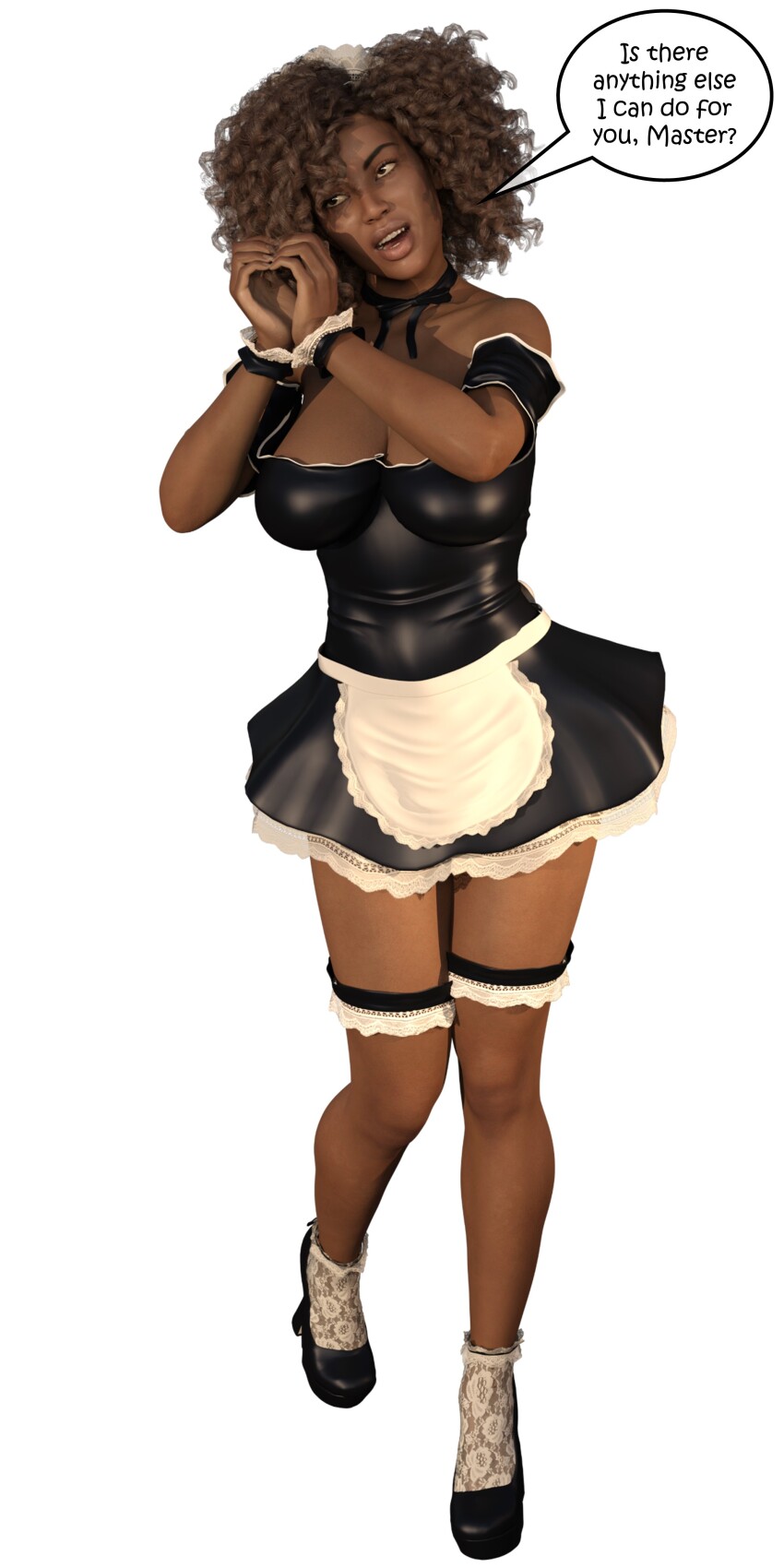 3d bare_shoulders breasts brown_eyes brown_hair cleavage dark_skin female_only femsub happy_trance hexxet high_heels huge_breasts long_hair lucine_kalington maid maid_headdress office_party skirt solo text
