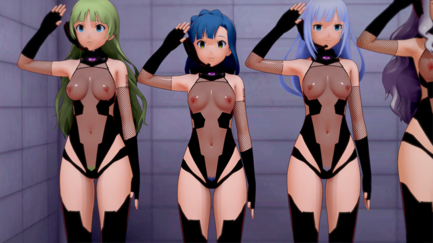 3d blue_eyes blue_hair clothed_exposure collar empty_eyes erect_nipples erect_nipples_under_clothes expressionless female_only femsub fishnets gloves green_hair headphones idolmaster_million_live! koikatsu! leotard long_hair microphone multiple_girls multiple_subs navel nipples opera_gloves pubic_hair purple_hair qr_code saluting see-through shimabara_elena standing standing_at_attention tattoo tech_control the_idolm@ster thigh_boots thighhighs tsumugi_shiraishi very_long_hair wwww. yuriko_nanao