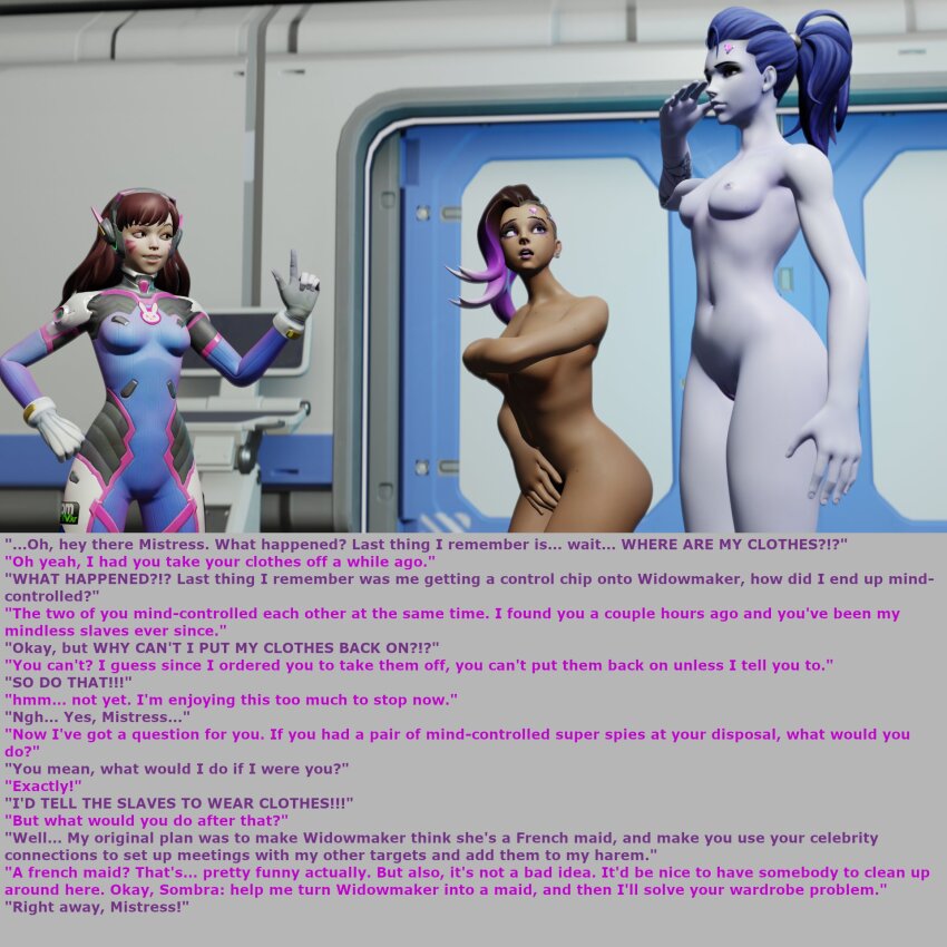 3d blue_hair blue_skin bottomless breasts brown_hair caption d.va dazed dialogue expressionless female_only femdom femsub happy_trance hypnotic_accessory long_hair microchip nude open_mouth overwatch ponytail smile sombra_(overwatch) spllcstr tech_control text topless widowmaker