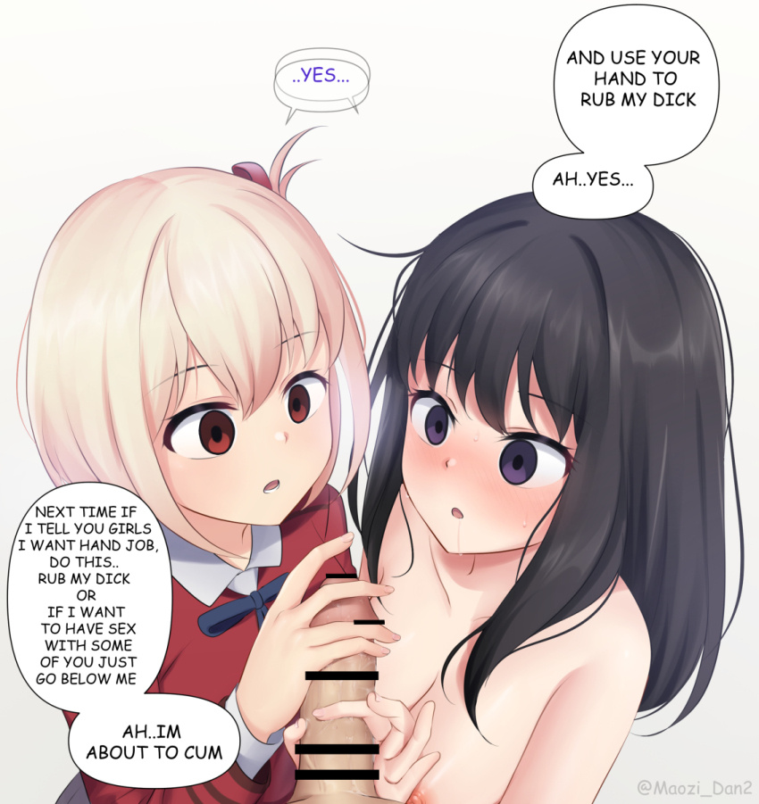 black_hair blonde_hair breasts censored collaborative_handjob collarbone dialogue drool empty_eyes english_text expressionless femsub handjob inoue_takina long_hair lycoris_recoil maledom maozi_dan multiple_girls nipples nishikigi_chisato penis short_hair speech_bubble tagme text topless