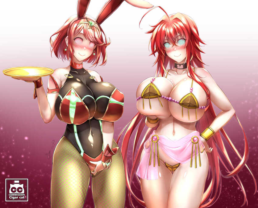 ahoge bangs bare_legs blush bracelet breast_grab breasts bunny_ears bunny_girl bunnysuit cigarcat cleavage collar collarbone crotch_cutout cuffs earrings fake_animal_ears female_only femsub fishnets gradient_background green_eyes hair_ornament harem_outfit high_school_dxd holding_breasts huge_breasts jewelry large_breasts masturbation multiple_girls multiple_subs navel nintendo pantyhose pyra_(xenoblade) red_eyes red_hair rias_gremory short_hair simple_background smile spiralwash_eyes standing tagme tray very_long_hair xenoblade_chronicles xenoblade_chronicles_2