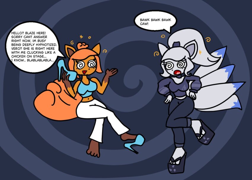 altered_perception bare_shoulders barefoot blaze_(blazevulpix) blazevulpix breasts chicken_dance chicken_pose dancing dialogue english_text feet femsub furry high_heels midriff navel ninetales nintendo open_mouth original pants pokemon pokemon_(creature) pokemon_red_green_blue_and_yellow sandals shoes speech_bubble spiral spiral_background spiral_eyes tail text unaware vero_(shyker) vulpix wedge_heels