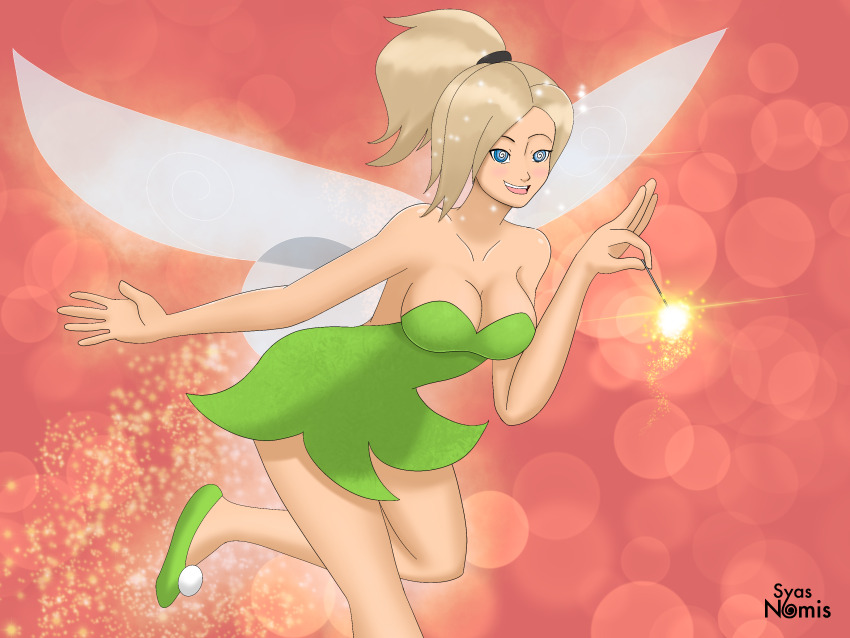 absurdres alternate_costume bare_shoulders blonde_hair breasts cleavage cosplay disney dress fairy femsub happy_trance large_breasts magic magic_wand mercy overwatch peter_pan_(movie) ponytail short_hair solo spiral_eyes syas-nomis symbol_in_eyes tinkerbell wings