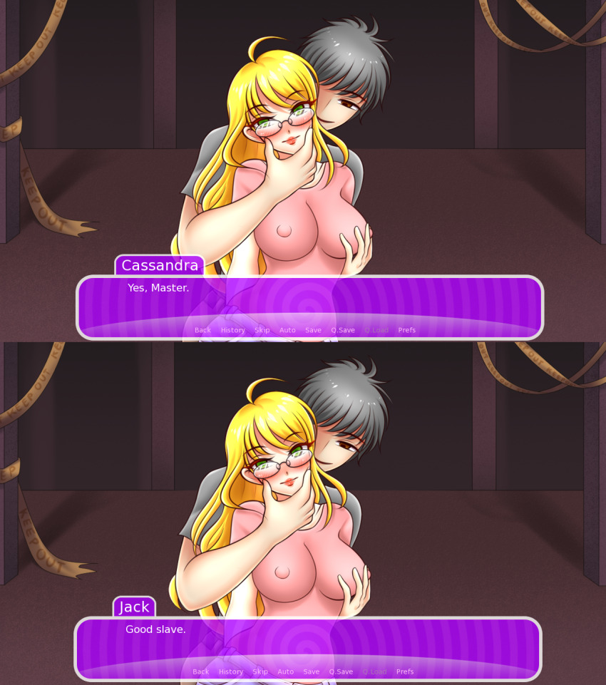 blonde_hair breasts cassandra_smith_(polishguy) dialogue erect_nipples femsub heterosexual hypnosis_bullies_and_other_high_school_problems jack_aaron_(polishguy) large_breasts maledom original porniky screenshot text video_game vn_layout