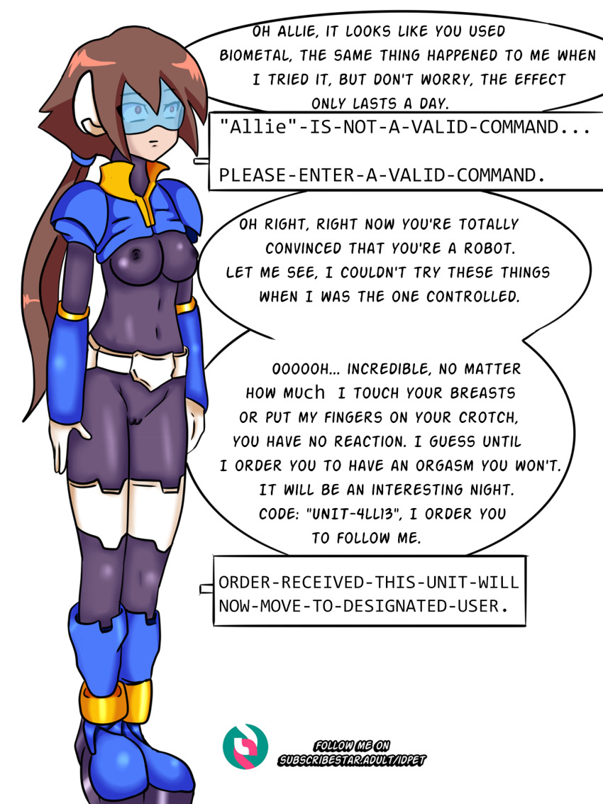 aile body_paint bottomless breasts brown_hair capcom empty_eyes expressionless femdom femsub idpet megaman_(series) megaman_zx nude red_eyes robotization tech_control text topless visor
