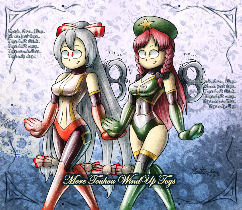 ameerashourdraws blue_eyes boots bow braid crossed_eyes eyebrows_visible_through_hair female_only fembot femsub fujiwara_no_mokou gloves hair_ornament happy_trance hat hong_meiling leotard long_hair mantra multiple_girls multiple_subs red_eyes red_hair ribbon rubber silver_hair smile standing text thighhighs touhou very_long_hair wind-up_key