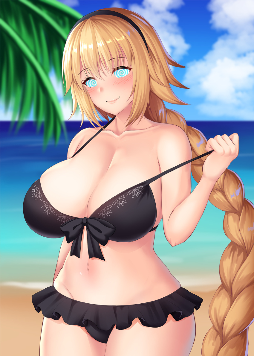 beach bikini_bottom bikini_top blonde_hair blush breasts cleavage fate/grand_order fate_(series) female_only femsub glowing_eyes happy_trance huge_breasts jeanne_d'arc_(fate) kisaragi_nana large_hips long_hair looking_at_viewer manip misterman4_(manipper) ponytail smile spiral_eyes swimsuit symbol_in_eyes tagme undressing