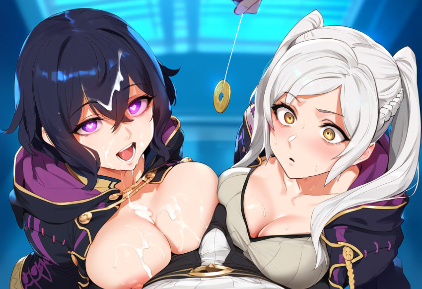 ai_art black_hair breasts cleavage coin cum cum_on_breasts cum_on_face femsub fire_emblem fire_emblem_awakening heart heart_eyes morgan_(fire_emblem) nintendo pendulum robe robin_(fire_emblem_awakening) symbol_in_eyes tharkica white_hair