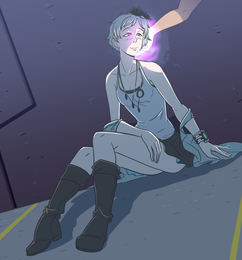 boots breasts femsub glowing glowing_eyes hand_on_another's_cheek happy_trance large_breasts majinsfw phi_(zero_escape) purple_eyes short_hair sitting smile white_hair zero_escape