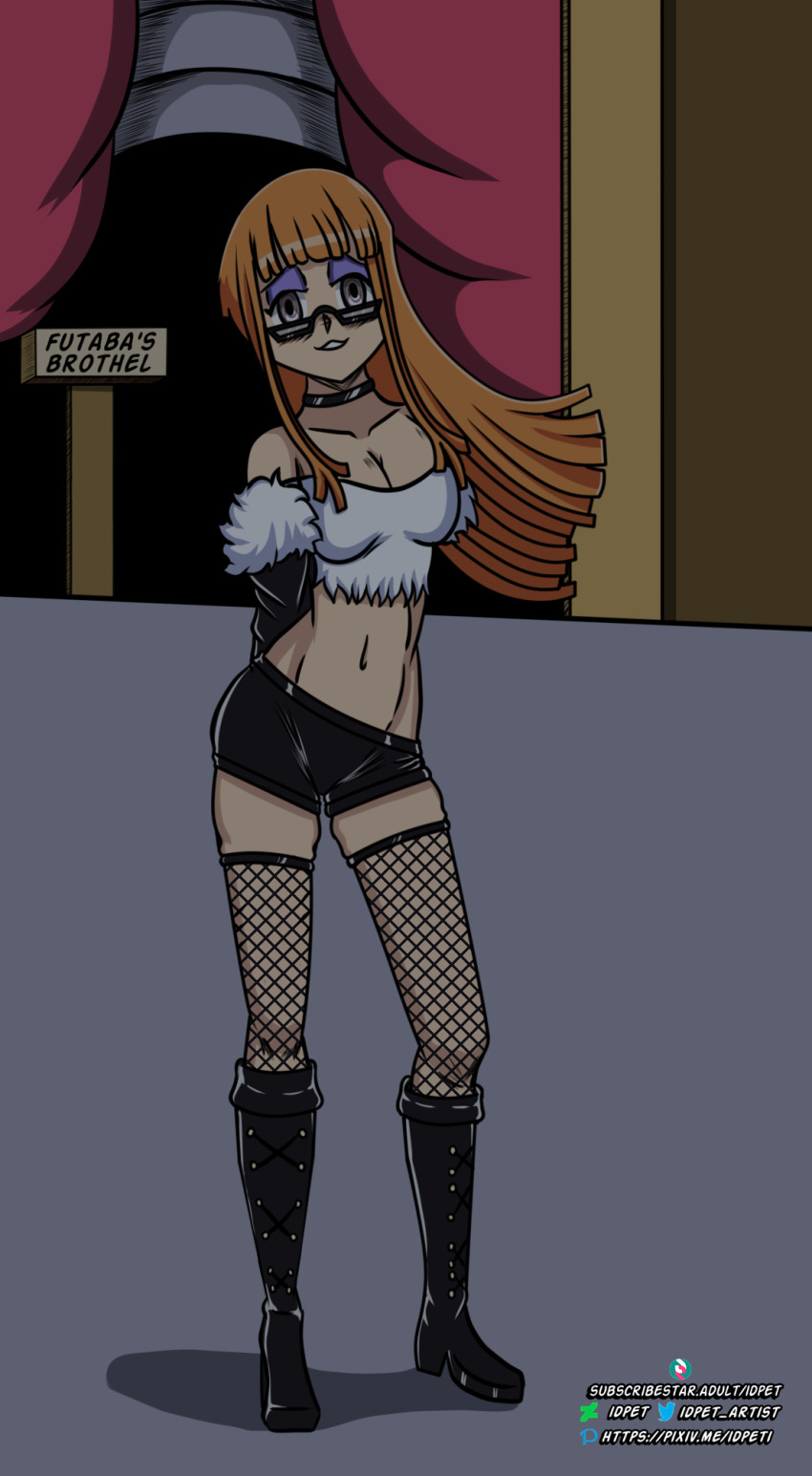 bottomless breasts collar dialogue empty_eyes female_only femsub fishnets futaba_sakura glasses gloves happy_trance humor idpet latex leather long_hair nude orange_hair persona_(series) persona_5 prostitution spiral_eyes symbol_in_eyes text thighhighs topless