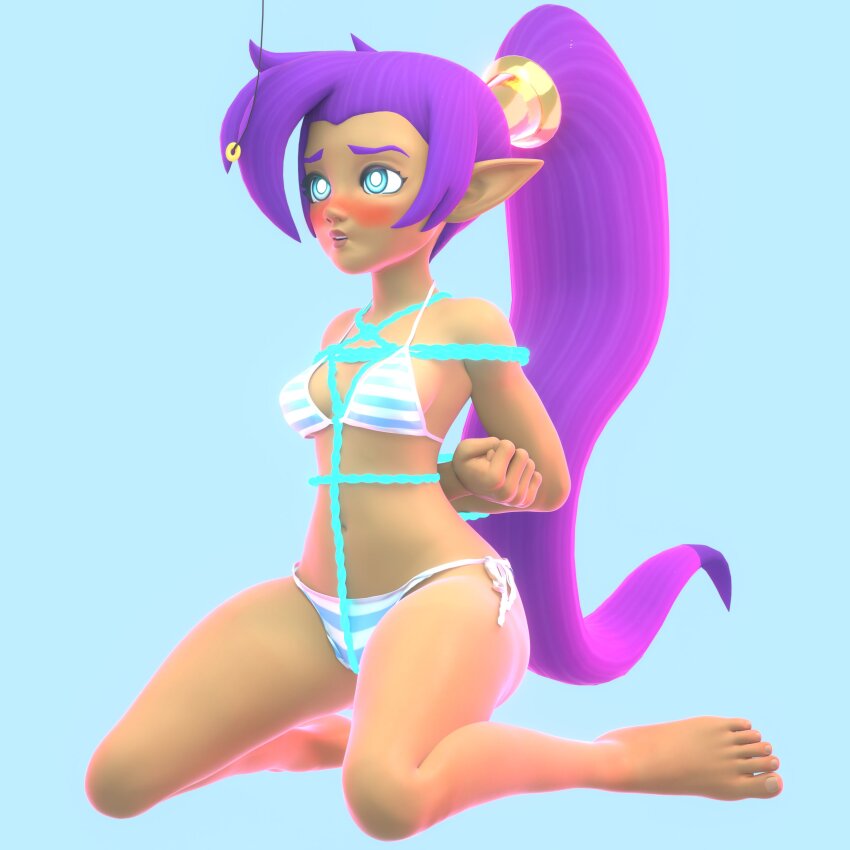 absurdres arms_behind_back bare_legs barefoot bikini blue_eyes blush bondage elf_ears femsub glowing_eyes hair_ornament kneeling legoguy9875 long_hair navel open_mouth pendulum ponytail purple_hair rope shantae shantae_(series) shibari simple_background tan_skin very_long_hair