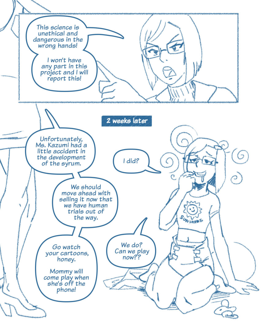 age_regression before_and_after brain_drain character_request comic dialogue diaper drool femdom femsub glasses happy_trance high_heels mommy pacifier pizza_bagel short_hair sketch t-shirt text