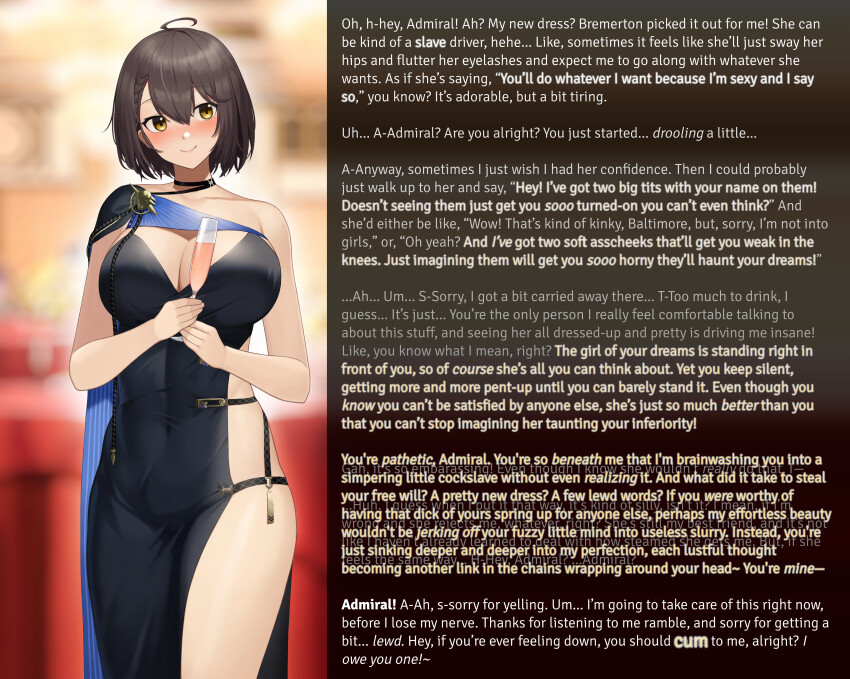 absurdres accidental_hypnosis ahoge alternate_costume azur_lane baltimore_(azur_lane) baltimore_(evening_breeze_minuet)_(azur_lane) bangs blush bragging braid breasts brown_hair cape caption caption_only cleavage collarbone dress eyebrows_visible_through_hair female_only femdom hourglass_figure jaaysiin_(manipper) jewelry large_breasts large_hips manip navel orgasm_command pov pov_sub sakamotono short_hair smile solo standing text thighs turning_the_tables verbal_abuse wine yellow_eyes