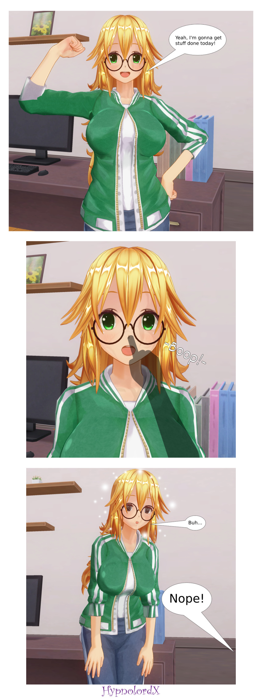 3d blonde_hair bubble cat_nap_(hypnolordx) comic custom_maid_3d_2 dialogue drool femsub glasses green_eyes humor hypnolordx large_breasts sparkle spiral_eyes symbol_in_eyes text trigger