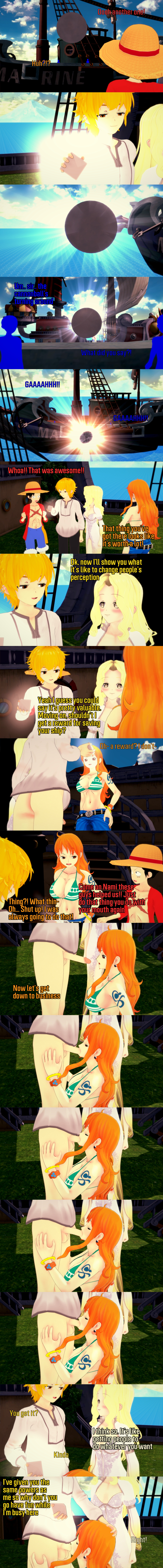 3d absurdres altered_common_sense bikini bikini_top black_hair blonde_hair brown_eyes clothed dialogue english_text fellatio femsub goddess hypnotic_object jeans long_hair maledom malesub monkey_d._luffy multiple_doms multiple_subs nami_(one_piece) one_piece open_shirt oral orange_hair penis reality_stone ren_(reality_stone) sanji scar serene_(reality_stone) short_hair text zenin1