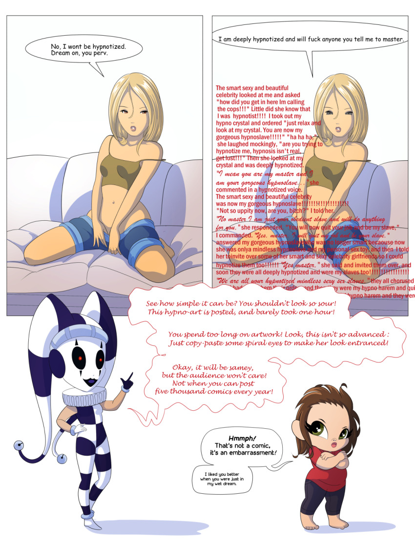 barefoot blonde_hair brown_hair chibi chubby clothed comic dialogue dina-m dina-m_(character) female_only femsub humor leggings manip open_mouth original semi_creepy_jester_girl_(dina-m) spiral_eyes symbol_in_eyes text