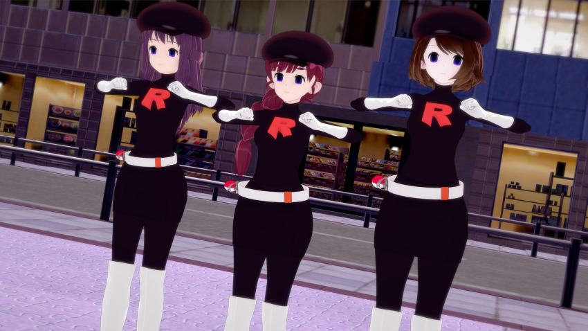 3d 3d_custom_girl belt bodysuit boots braid brown_hair chicken_dance chicken_pose chloe_cerise expressionless female_only femsub gloria_(pokemon) gloves hat high_heels long_hair multiple_girls multiple_subs nintendo peppisu pokemon purple_eyes purple_hair red_hair short_hair team_rocket