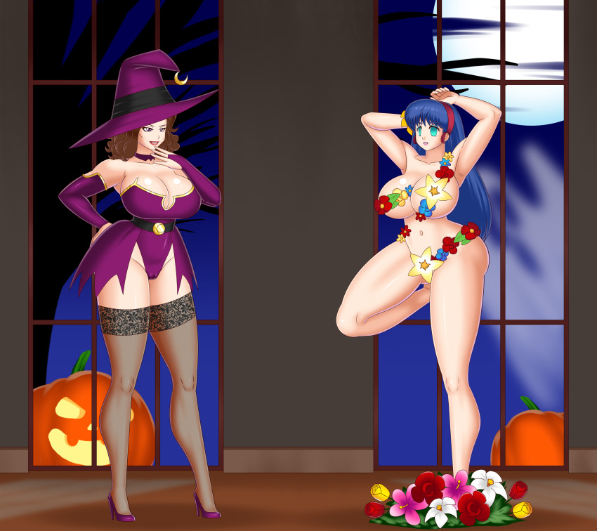 anna_smith_(daveyboysmith9) arms_above_head bare_shoulders blue_eyes blue_hair bluebullpen brown_hair cleavage cologne_(ranma_1/2) curly_hair empty_eyes evil_smile femdom femsub flower flower_in_hair hair_band halloween high_heels huge_breasts jack_o'_lantern magic milf original purple_eyes ranma_1/2 red_lipstick short_hair thighhighs witch witch_hat