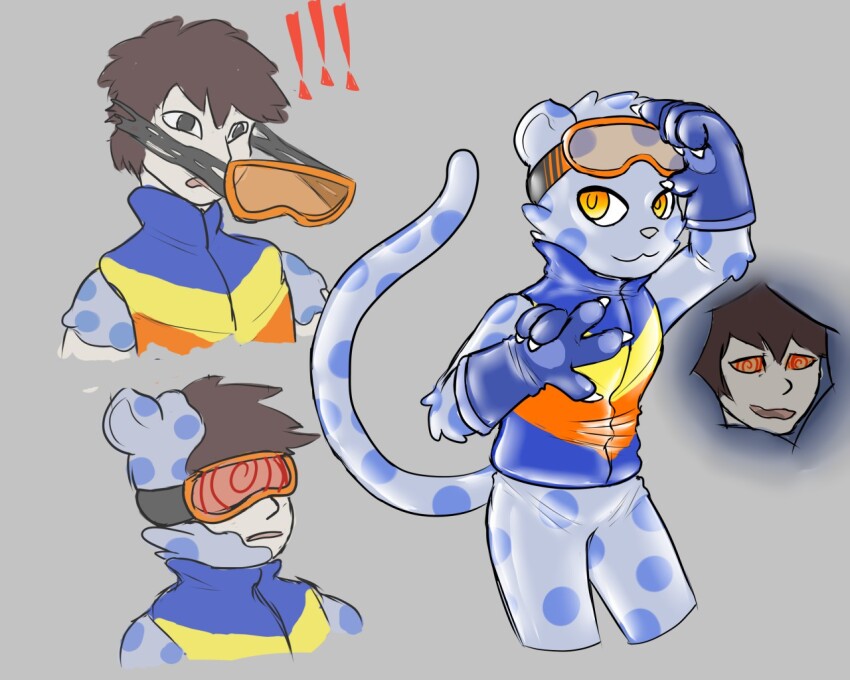 costume furry goggles kato latex male_only malesub possession snow_leopard_boy transformation