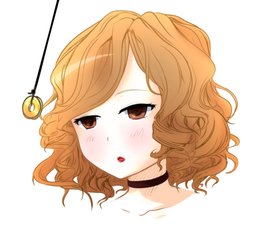 blush brown_eyes brown_hair coin collar collarbone curly_hair dazed etlabsotwe expressionless female_only femsub lipstick open_mouth original pendulum sketch white_background