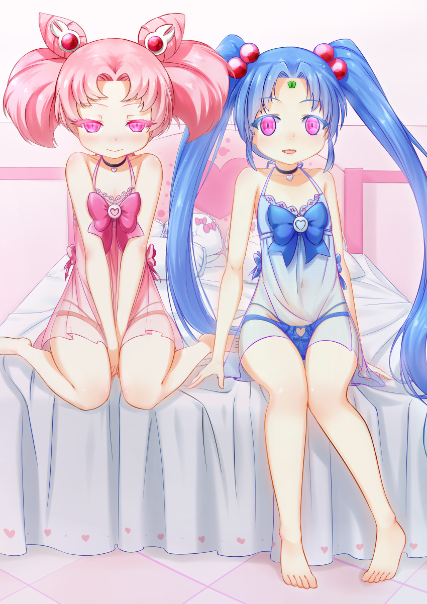 barefoot blue_hair bow corruption feet female_only femdom femsub flat_chest glowing glowing_eyes lingerie long_hair looking_at_viewer nightgown open_mouth pink_hair red_eyes sailor_mini_moon sailor_moon_(series) sasami_masaki_jurai tenchi_muyo! twintails underwear vahn_yourdoom