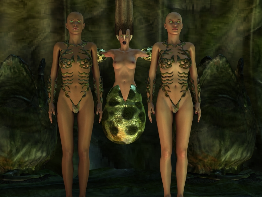 3d alien bald brain_sucking clothed_exposure corruption creativeguy59 eggs expressionless female_only femsub glowing_eyes green_eyes multiple_girls multiple_subs navel nude open_mouth original restrained standing standing_at_attention tentacles
