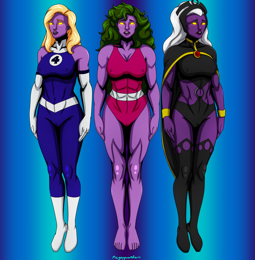 absurdres bare_legs bare_shoulders barefoot blonde_hair boots bracelet cameltoe cape circlet cleavage collarbone corruption erect_nipples_under_clothes fantastic_four femsub gloves glowing_eyes gradient_background green_hair jennifer_walters long_hair marvel_comics megaguardain multiple_girls multiple_subs muscle_girl open_mouth opera_gloves purple_skin she-hulk signature simple_background standing_at_attention storm super_hero susan_storm tech_control thighhighs unhappy_trance white_hair whitewash_eyes x-men yellow_eyes