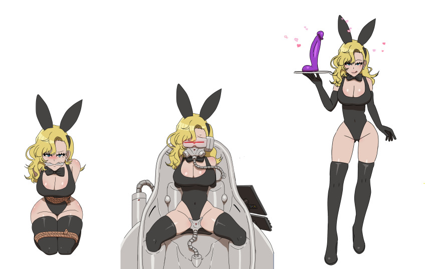 angry before_and_after blonde_hair blue_eyes bondage breasts bunny_ears bunny_girl bunnysuit cleavage dildo female_only femsub greko heart hiroko_(shin_megami_tensei) huge_breasts kneeling mask restrained rope sex_toy shin_megami_tensei thighhighs tongue_out tray