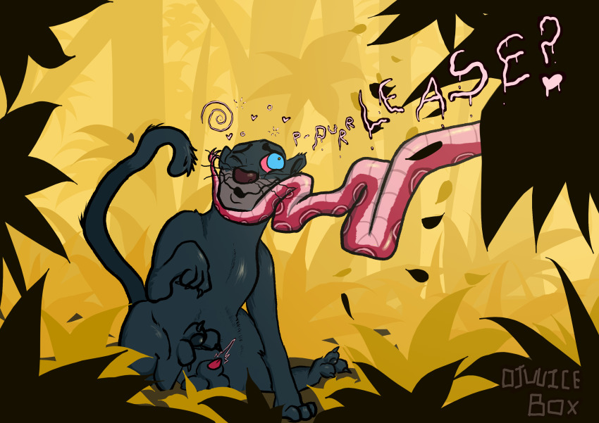 absurdres animals_only bagheera bottomless coils dialogue disney djuuicebox furry happy_trance hypnotic_eyes kaa_eyes male_only maledom malesub one_eye_open original panther_boy penis resisting simple_background snake text the_jungle_book topless